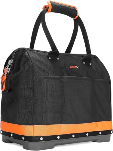 WISEPRO 16 Zoll Werkzeugtaschen, 1680D Polyester robuste Werkzeugtasche mit mehreren Taschen, Weite Öffnung mit ABS-Boden, Multifunktion Werkzeugtasche für Elektriker von WISEPRO