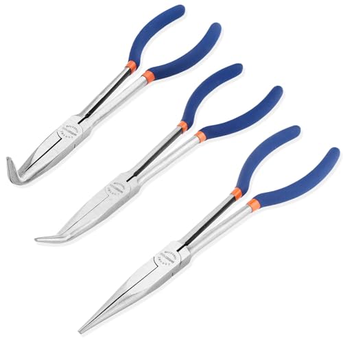 WISEPRO 3-teiliges Lange Spitzzange Set, 279 mm - 90-Grad-Winkel, 45-Grad-Winkel und gerade Spitzzange mit rutschfestem Griff für schwer zu erreichende enge Räume von WISEPRO