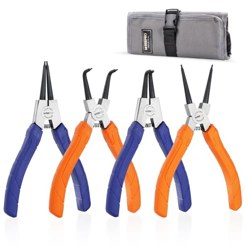 WISEPRO Sprengringzangen-Set, 4-teiliges robustes 165-180 mm Sicherungsringzangen, umgekehrte Zange für Ringentferner-Halterung mit Tasche,Gebogene Gerade Innere Externe Sprengringzange von WISEPRO