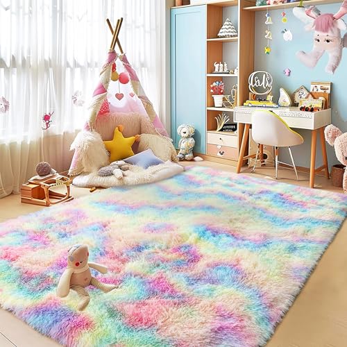 Flauschiger bunter Regenbogen-Teppich, Plüsch-Teppich für Schlafzimmer, Wohnzimmer, großer flauschiger Teppich für Mädchen, Kinderzimmer, Schlafsaal, rutschfester und weicher Zottelteppich für von WISH TREE
