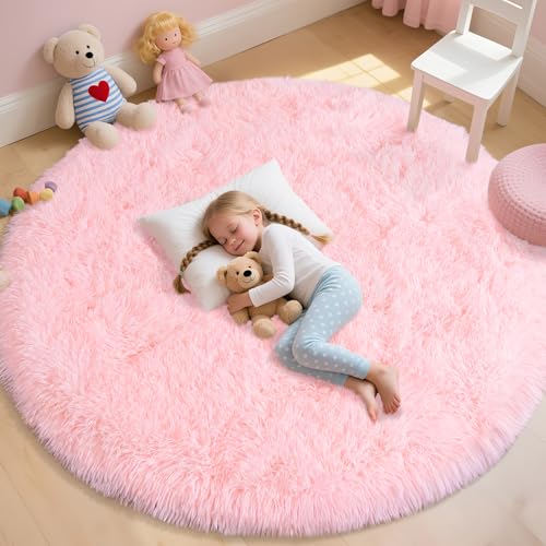 Runder flauschiger rosa Teppich für Schlafzimmer, 1,8 m großer flauschiger Zottelteppich für Mädchen, Kinderzimmer, Kinderzimmer, weicher, rutschfester Plüschteppich für Wohnheim, Wohnzimmer Runder flauschiger rosa Teppich für Schlafzimmer, 1,8 m großer flauschiger Zottelteppich für Mädchen, Kinderzimmer, Kinderzimmer, weicher, rutschfester Plüschteppich für Wohnheim, Wohnzimmer von WISH TREE