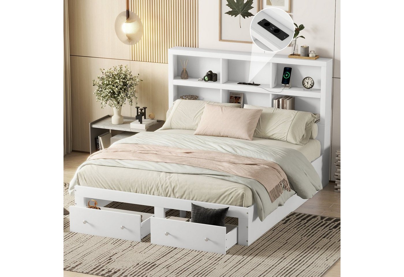 WISHDOR Bett 160*200cm Doppelbett Holzbett Lagerungsbett Funktionsbett (mit Stauraum, mit zwei Schubladen am Fußende des Bettes), Ohne Matratze von WISHDOR