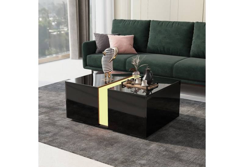 WISHDOR Couchtisch Glastisch Teetisch Kaffeetisch Beistelltisch Glas Sofatisch mit LED (mit Glasplatte Spanplatte und Stauraum versenkbares verstecktes Fach, Wohnzimmertisch LED Sofa Ablagetisch für Wohnzimmer 73*60*34cm), 16 Farben LED Lichter mit Fernbedienung Hochglanz modern Stil Schwarz von WISHDOR