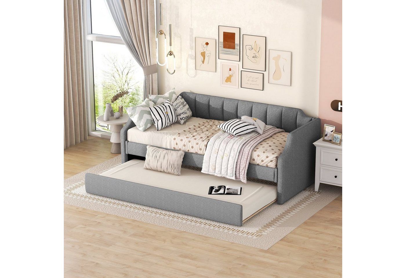 WISHDOR Einzelbett Schlafsofa, Gästebett, Funktionsbetten, ausziehhare Liegeffäche (Gepolstertes Single Daybed mit Rollbett, 90 x 200(190) cm), Ohne Matratze von WISHDOR