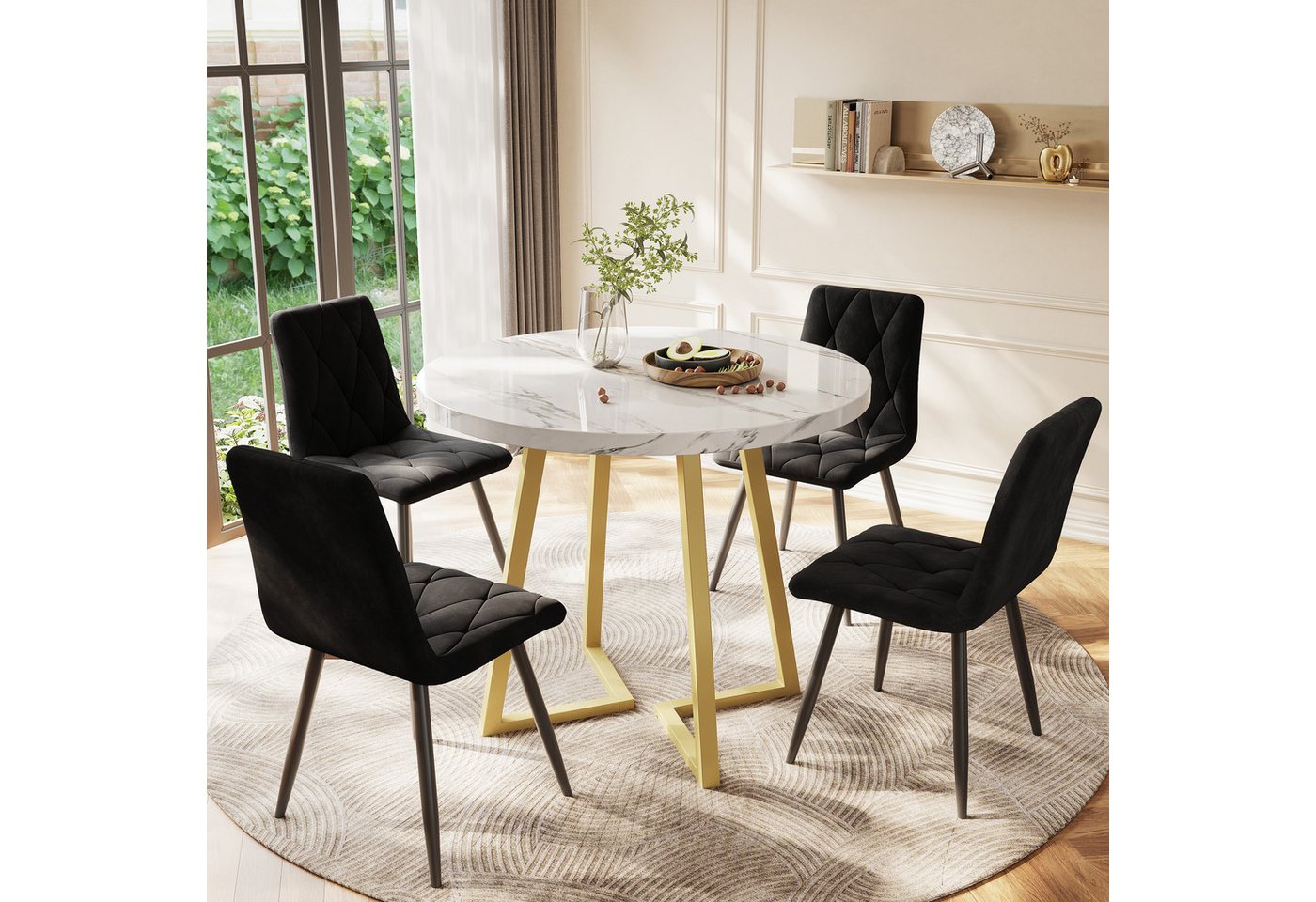 WISHDOR Essgruppe 1 Esstisch mit 4 Stühlen, (5-tlg), mit Metallbeinen, runder Tisch, Samtstühle von WISHDOR