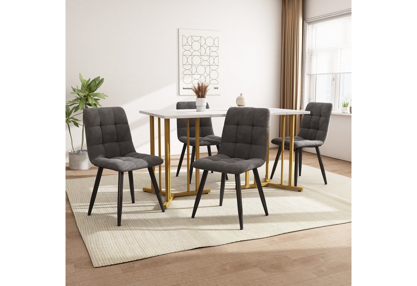 WISHDOR Essgruppe Esstisch mit 4 Stühlen Set, (5-tlg), mit Golden Metallbeinen,Weißer MDF-Desktop,140×80cm von WISHDOR