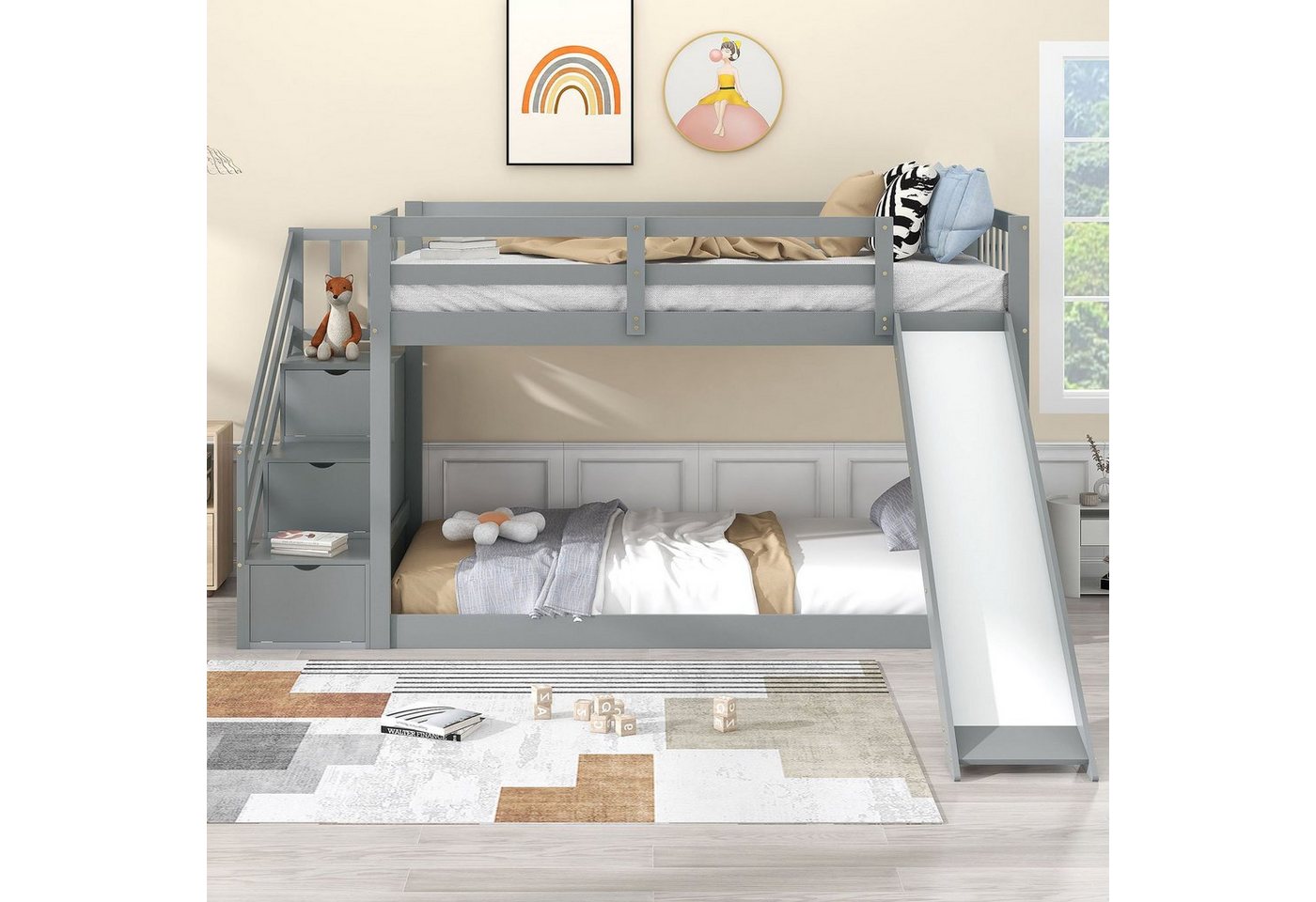 WISHDOR Etagenbett Einzelbett, Holzbett, Kinderbett mit Treppe und Rutsche, Bett (mit 3 Schubladen in der Treppe, 90x200cm, Rahmen aus massivem Kiefernholz), Ohne Matratze von WISHDOR