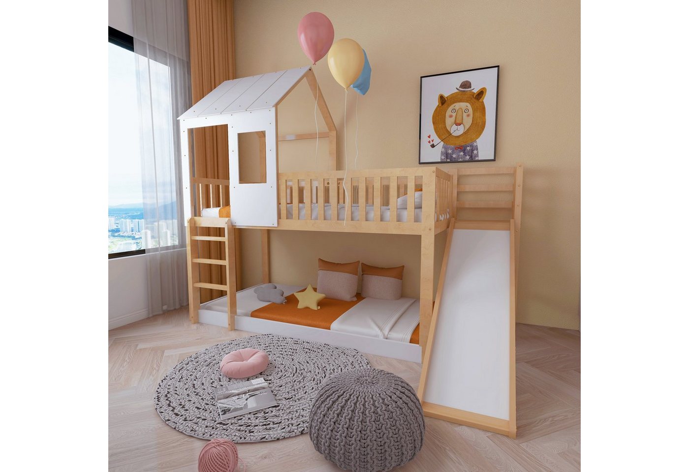 WISHDOR Etagenbett Etagenbett Hausbett Kinderbett Einzelbett Gästebett (mit Dach und Fenster, Fallschutz und Gitter, mit rechtwinkliger Leiter und Rutsche), Ohne Matratze von WISHDOR