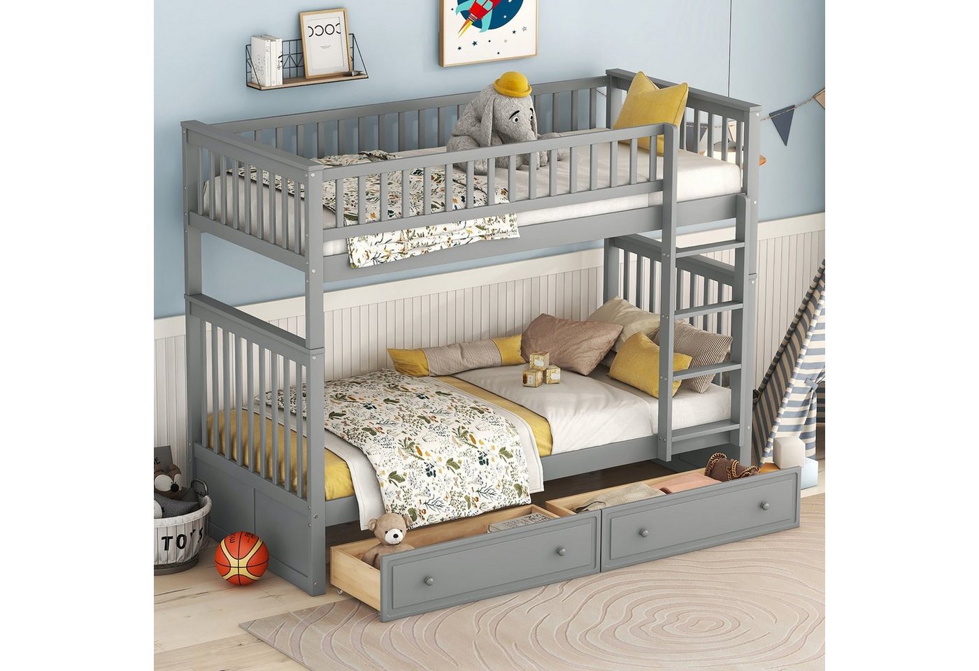 WISHDOR Etagenbett Kinderbetten,Funktionsbett, Holzbett, Bett (Kann in 2 Einzelbetten umgewandelt werden, mit Schubladen 90x200cm), Ohne Matratze von WISHDOR