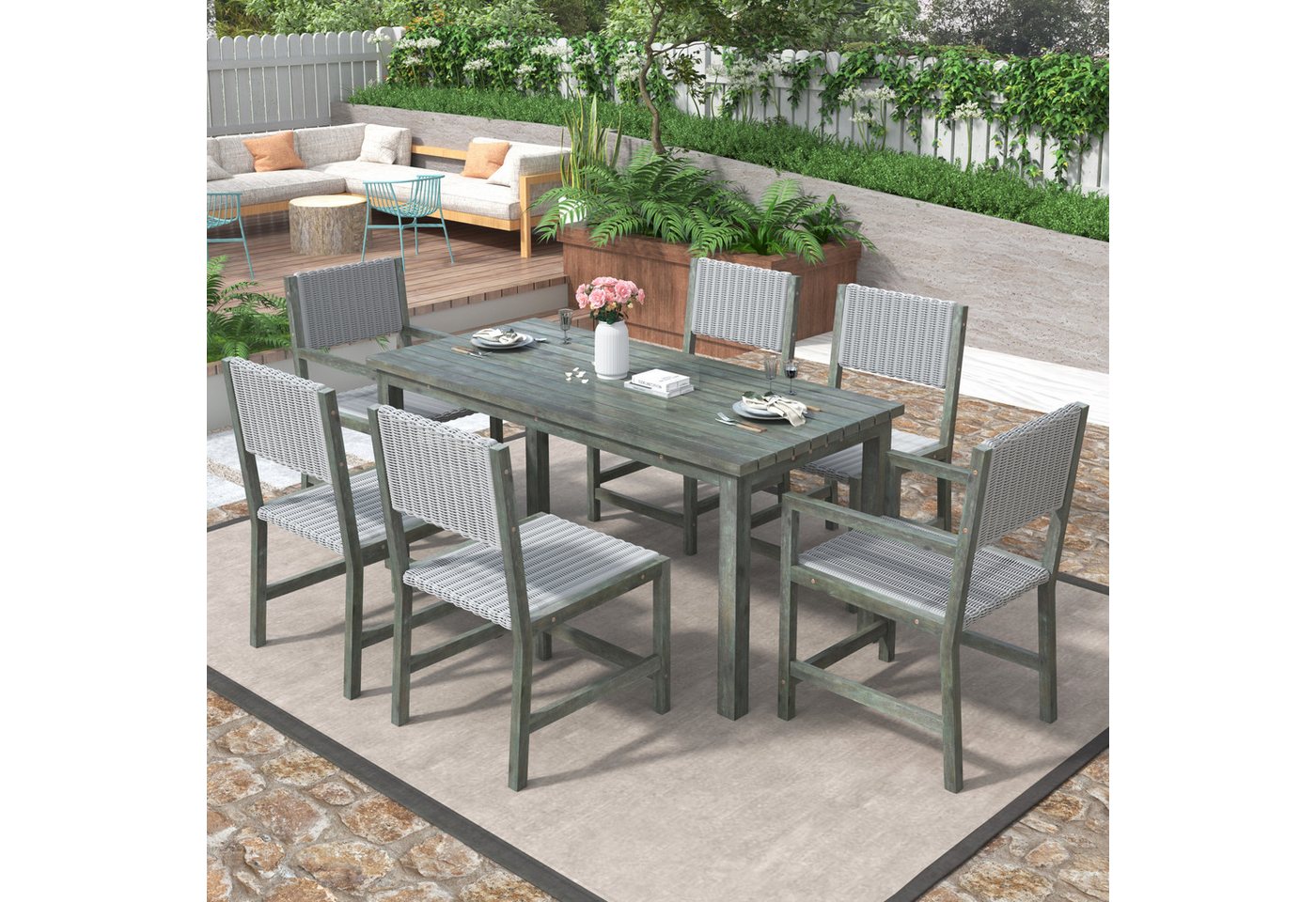 WISHDOR Garten-Essgruppe 6-Sitzer Esstisch-Set, (Gartenmöbel aus HDPE-Rattan und Akazienholz), für Outdoor von WISHDOR