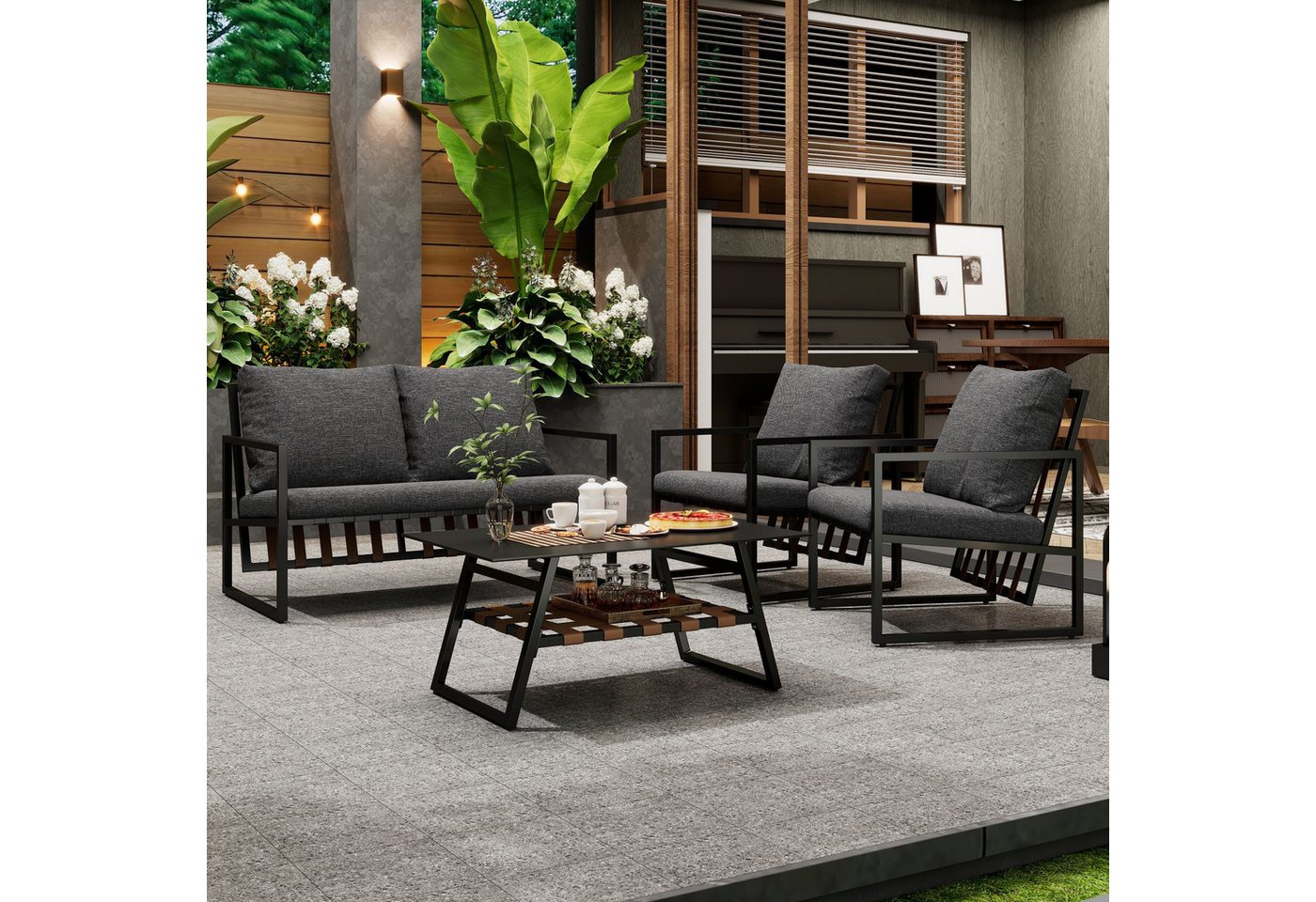 WISHDOR Gartenlounge-Set für 4 Personen, (1 Sofa, 2 Sessel, 1 Tisch), mit abnehmbarer und waschbarer Stoffbezug von WISHDOR