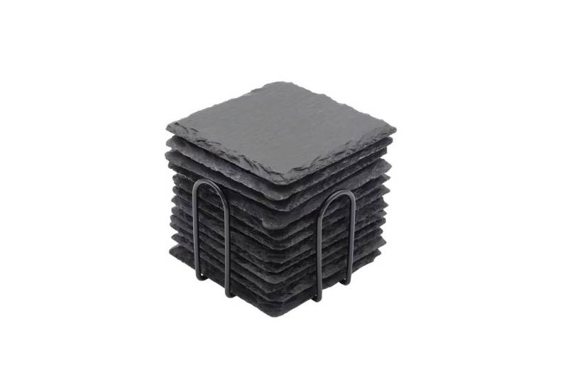 WISHDOR Getränkeuntersetzer 12 Glasuntersetzer Schiefer Gläser Untersetzer Schieferplatte 10x10 cm, Quadratisch Natur Schieferuntersetzer mit Metall Halter, 12-tlg., Rutschfest und Isoliert für Getränke Glas Tassen Bar Deko usw von WISHDOR