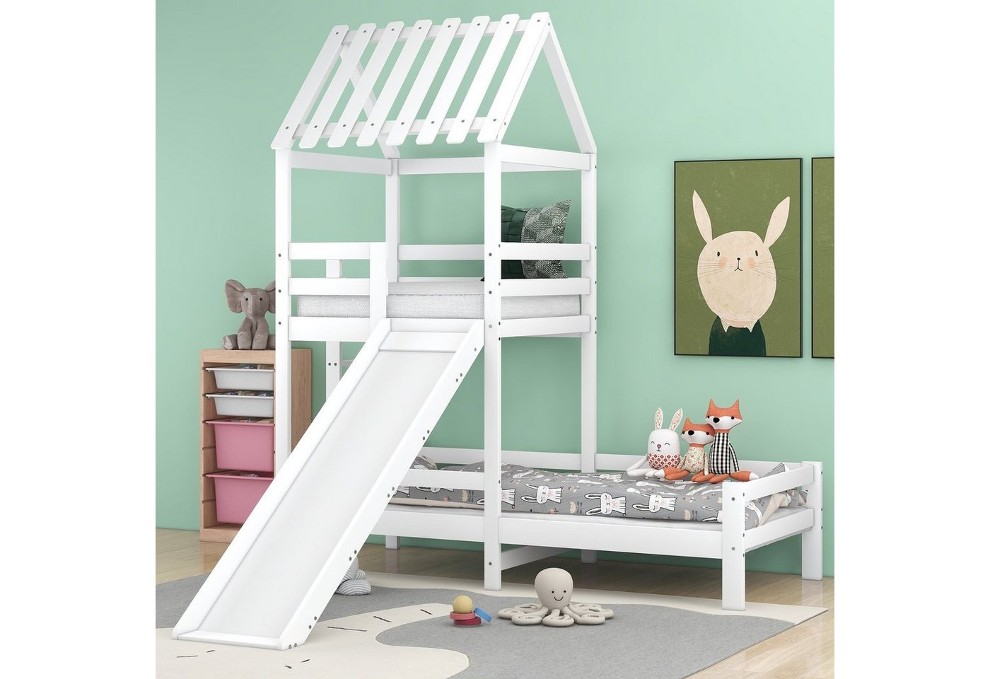 WISHDOR Hausbett Bett, Rutschbett mit mit rechtwinkliger Leiter, Kinderbett (mit Fallschutz und Gitter, mit Dach, Spielturmbett), 200x90cm & 100x90cm, Ohne Matratze von WISHDOR