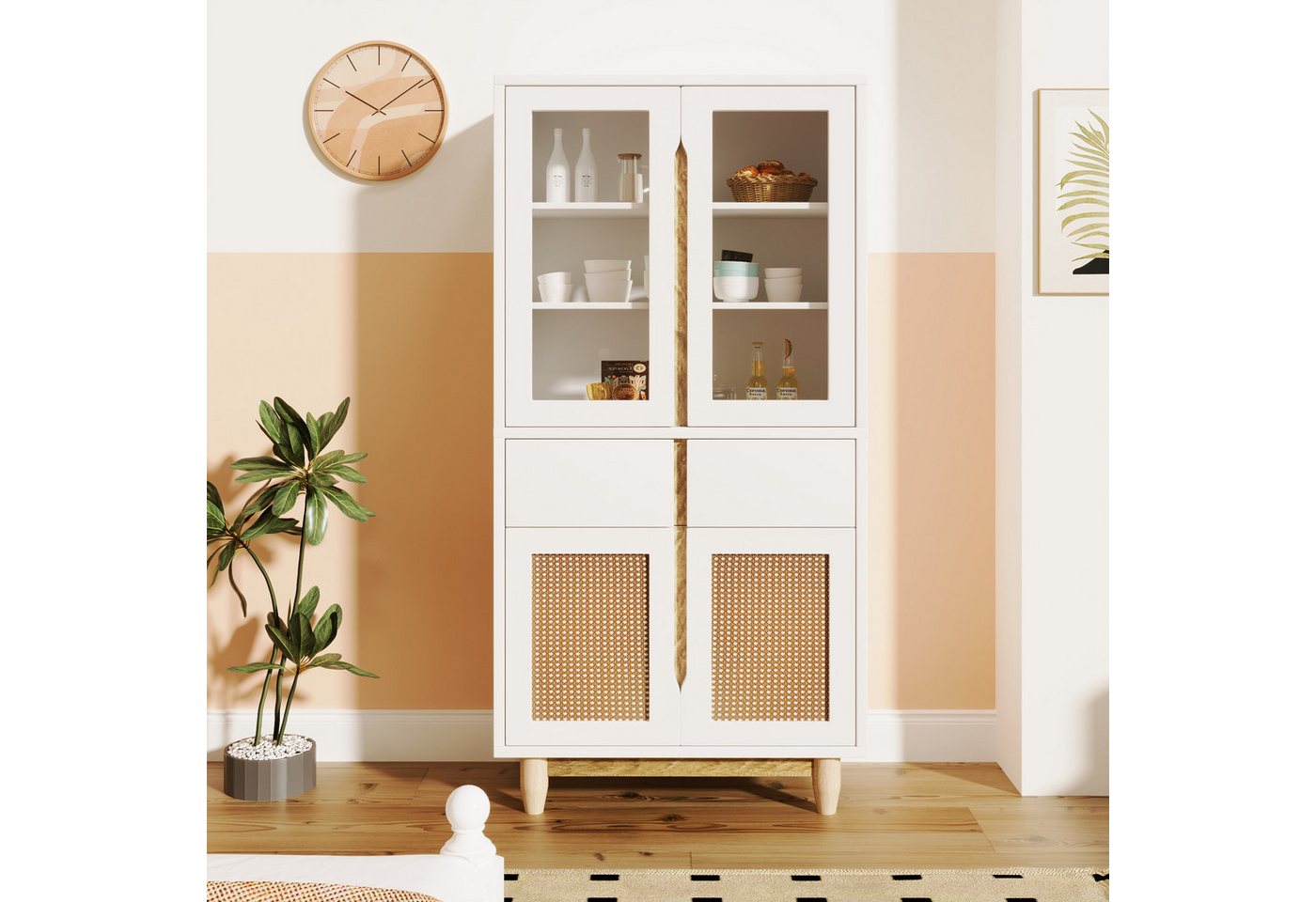 WISHDOR Highboard Schrank Vitrine (2 Türen aus Rattanimitat, 2 eingesetzten Türen aus Acryl), Aufbewahrungsmöbel für das Wohnzimmer, 128*35*70cm von WISHDOR