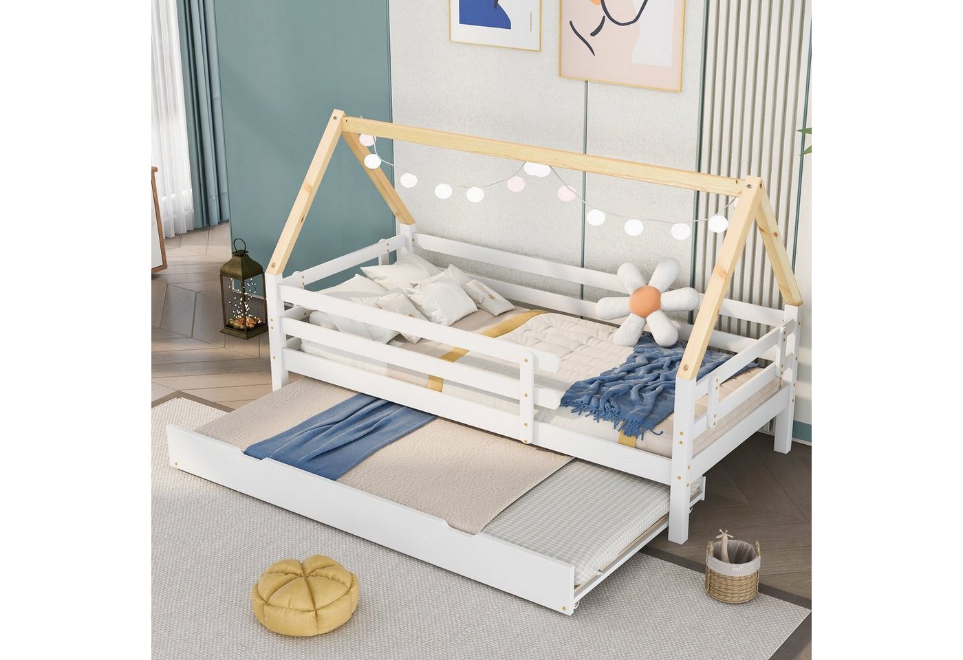 WISHDOR Kinderbett Ausziehbett Einzelbett Massivholz Baumhausbett (weißes Bett, naturfarbener Dachstuhl (90x200cm), mit Rollen unten von WISHDOR