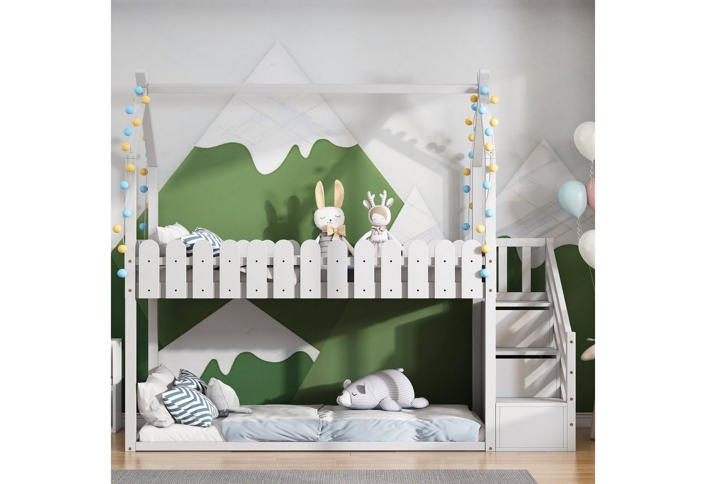 WISHDOR Kinderbett Jugendbett Doppelbett (ohne Matratze), mit 3 Treppe, mit 2 Schubladen, mit Zaun, Etagenbett von WISHDOR