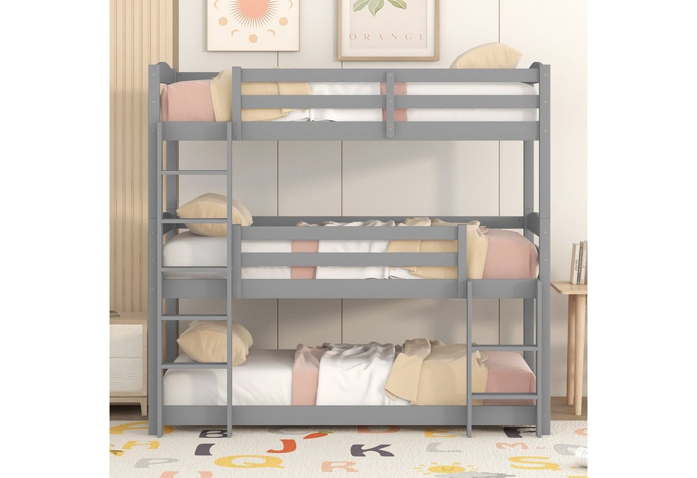 WISHDOR Kinderbett Jugendbett Dreier-Etagenbett (90*200cm)ohne Matratze), Hohe Qualität, Sicherheitsdesign von WISHDOR