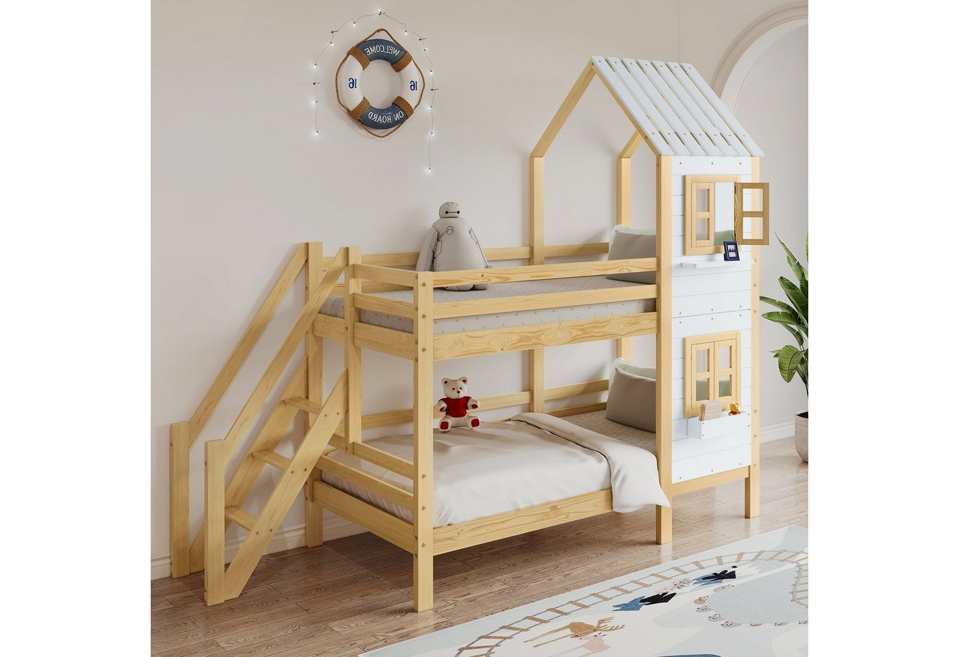 WISHDOR Kinderbett Jugendbett Hausbett Holzbett Doppelbett (Weiß+Natur (90x200cm) ohne Matratze), mit Handlauf und Fenster von WISHDOR