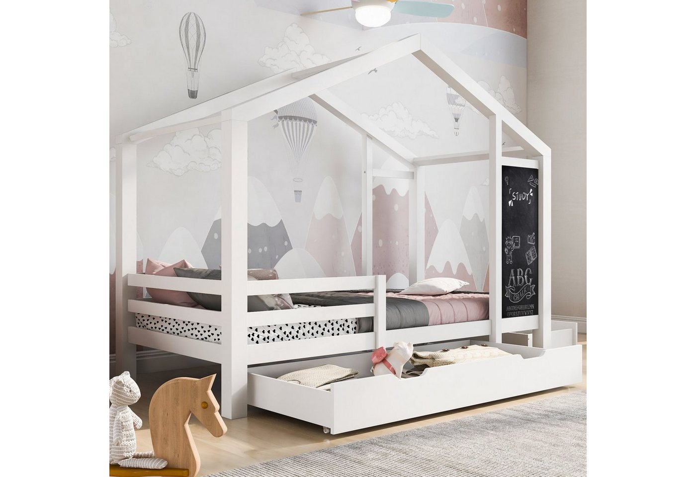 WISHDOR Kinderbett Kinder Bett Jugendbett Hausbett Kinderhaus Holzbett Massivholzbett (Massivholz Bett ohne Matratze, mit Lattenrost Rausfallschutz Zaun Tafel und 2 Schubladen), Haus Bett für Mädchen & Jungen Kindern, 90 x 200 cm, aus Kiefer Holz von WISHDOR