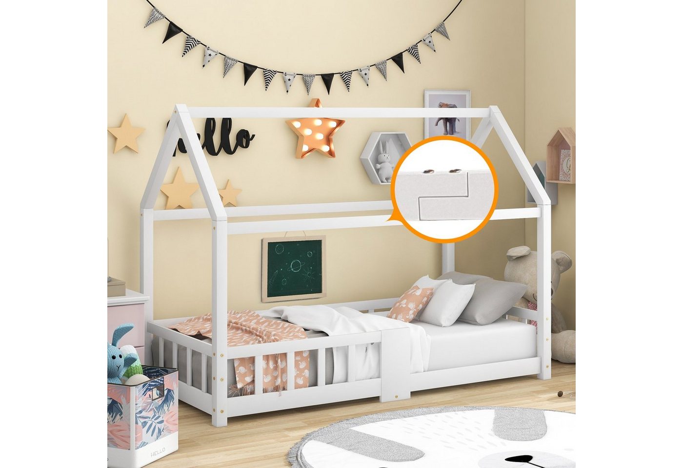 WISHDOR Kinderbett Kinder Bett Jugendbett Hausbett Kinderhaus Holzbett Massivholzbett (Massivholz Bett ohne Matratze, mit Schornstein oder Tafel mit Lattenrost mit Rausfallschutz), 90x200 cm, aus Kiefer Holz von WISHDOR