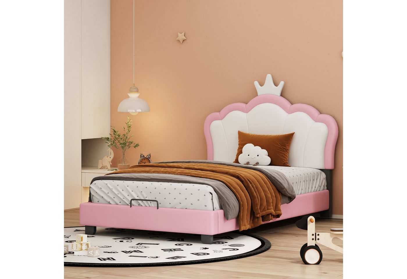 WISHDOR Kinderbett Kinderbett Polsterbett Bett mit Lattenrost ohne Matratze (rosa (Matratze nicht enthaltet), Mädchenbett mit Kronenformung von WISHDOR