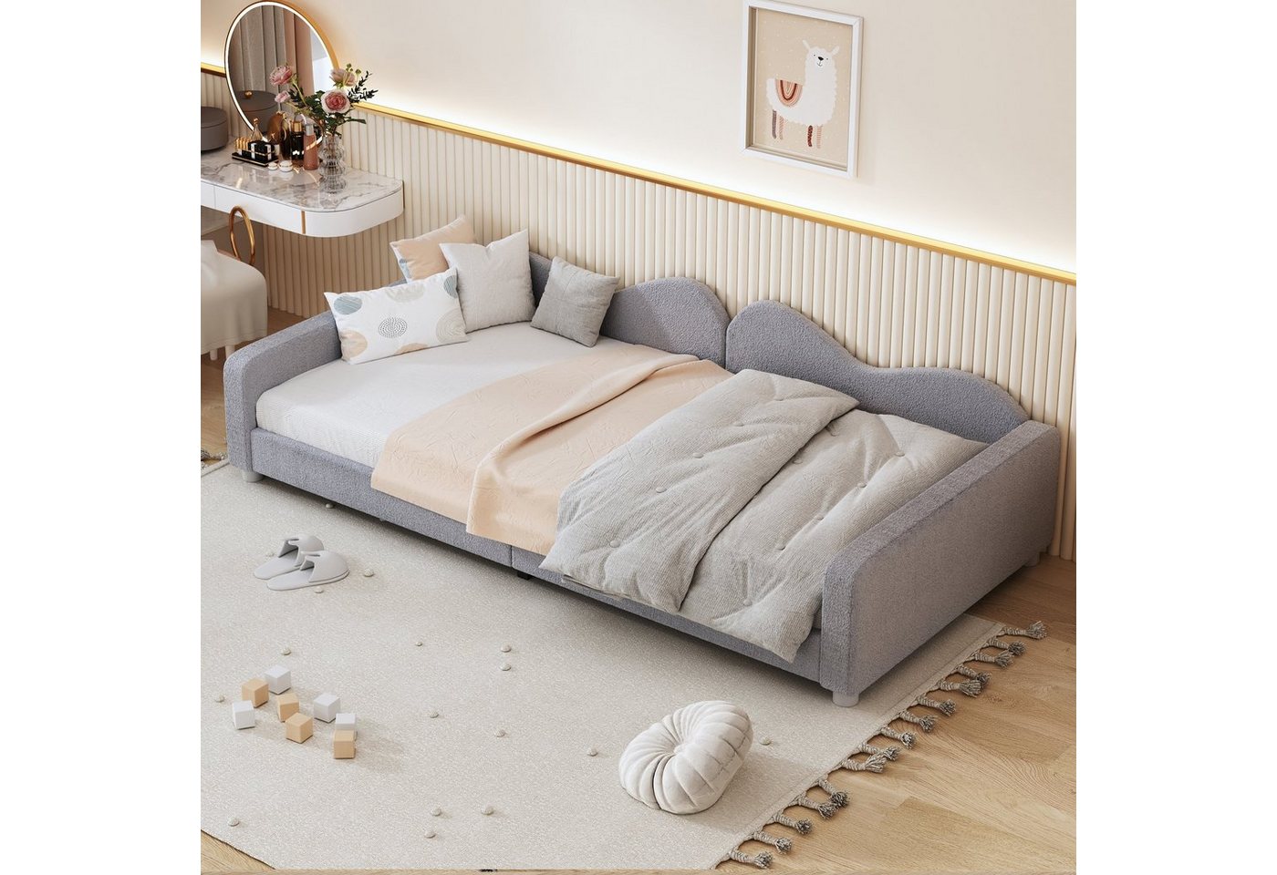 WISHDOR Kinderbett Polsterbett, Schlafsofa Gästebett, mit Rückenlehne und Armlehnen (Bettgestell Teddystoff Multifunktionales weiches Bett 90x200 cm), ohne Matratze von WISHDOR