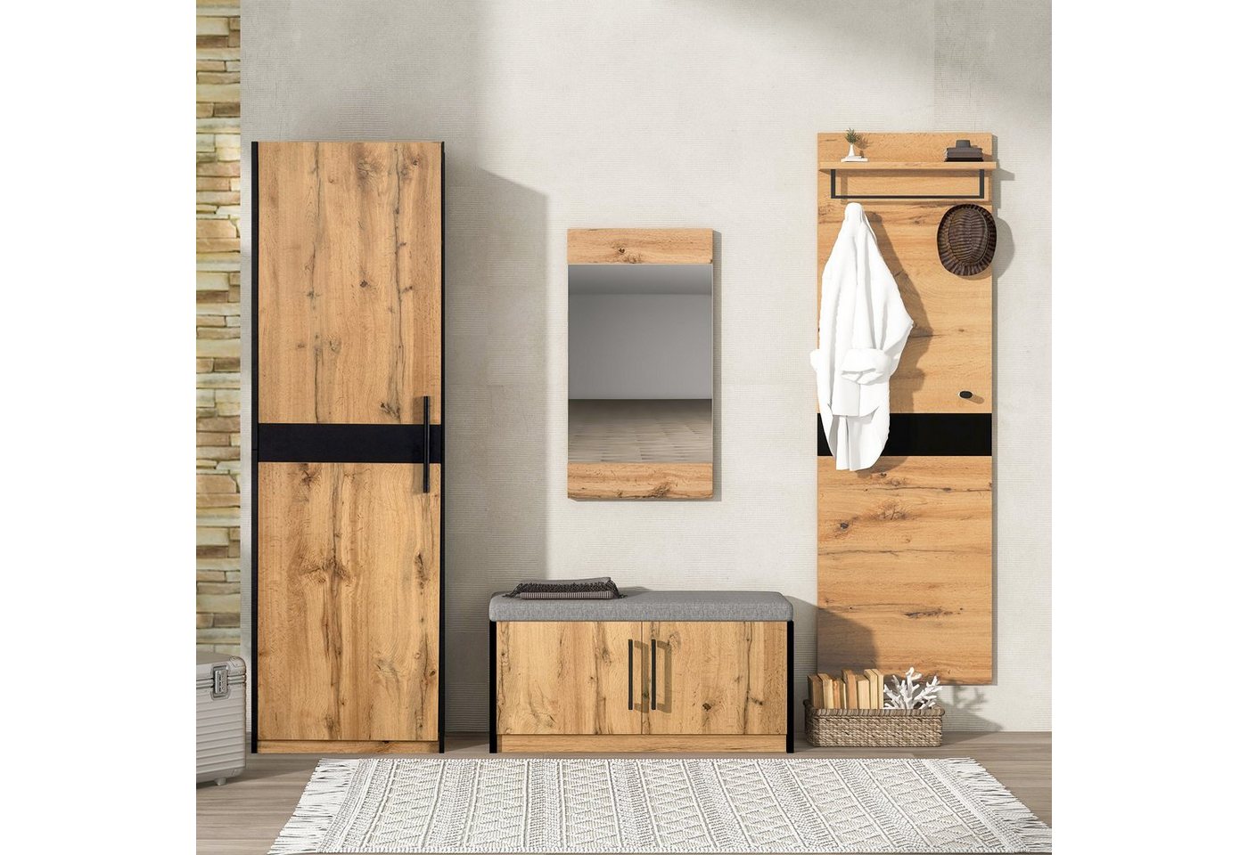 WISHDOR Kleiderschrank Garderoben Garderobenmöbel (4-St., Stylishe Kompaktgarderobe mit 4 Kleiderhaken, Stangen und Ablage) Praktischer Set 4-teilig mit Spiegel und Sitzbank, Wandgarderobe von WISHDOR