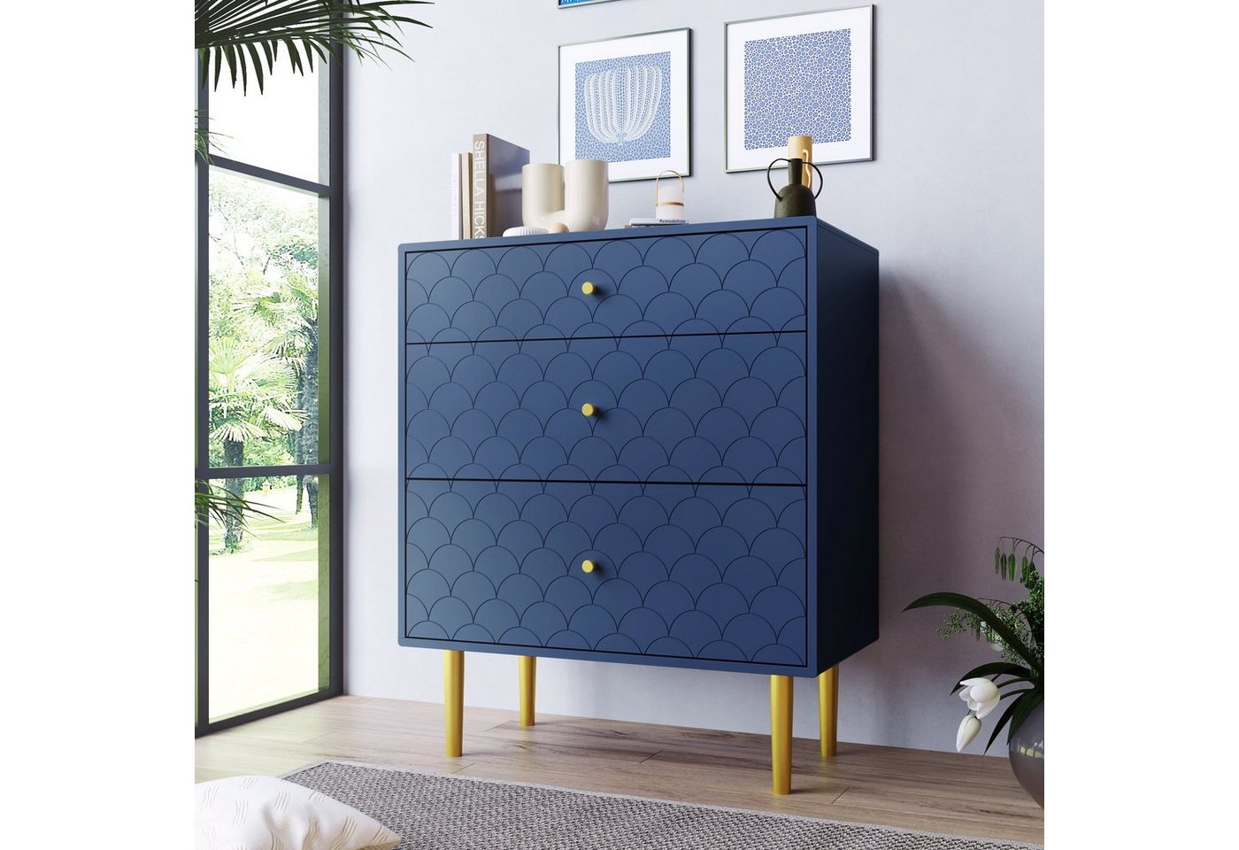 WISHDOR Kommode Sideboard (Fischschuppenmuster 75*40*89cm Marineblau) von WISHDOR