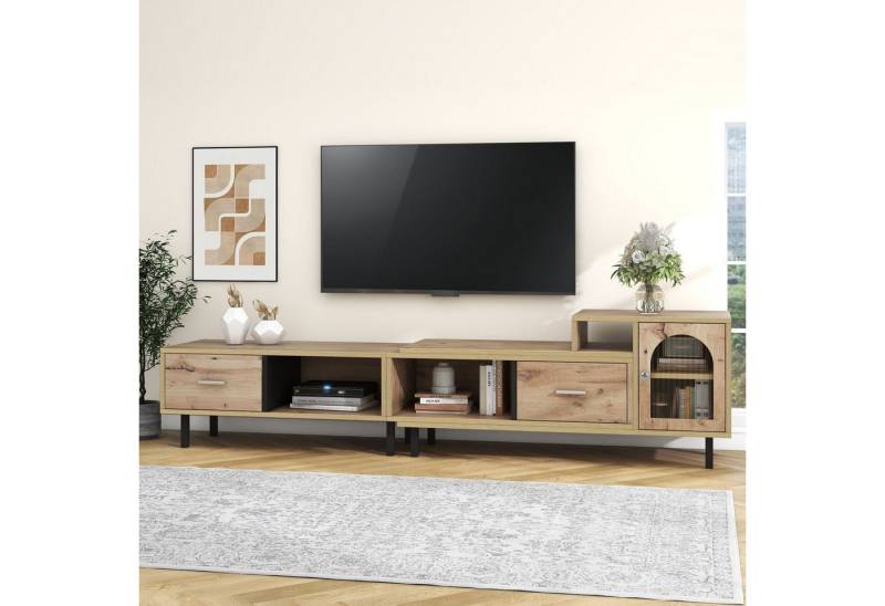 WISHDOR Lowboard TV-Schrank (TV-Board mit 2 Schubladen und 3 offenen Fächer, Länge verstellbar 200-278cm), TV-Schrank mit Glastür von WISHDOR