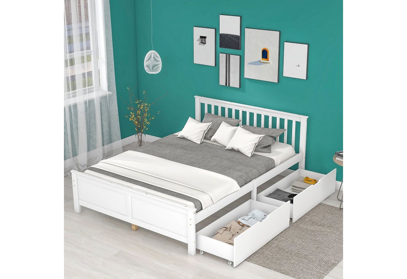 WISHDOR Massivholzbett Kinderbett Bett Jugendbett Doppelbett (weiß (140x200cm) ohne Matratze), Robuste Konstruktion, Die optimale Nutzung des Stauraums von WISHDOR