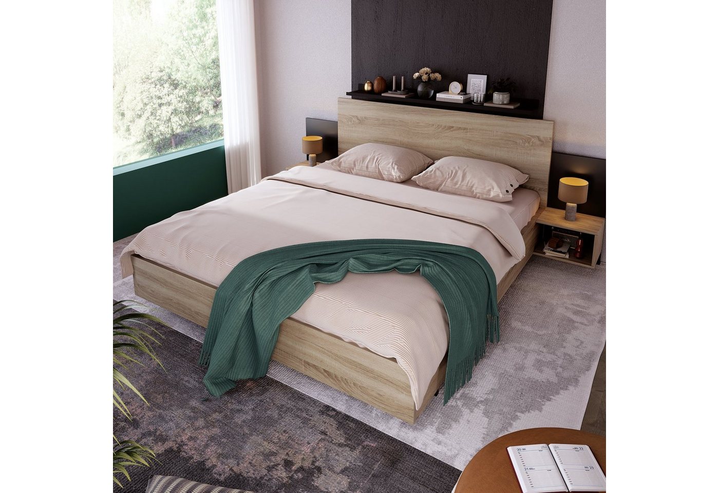 WISHDOR Massivholzbett Natur Bett Solide Bett (mit Lattenrost ohne Matratze, Set in Eiche Sonoma/Dunkelgrau 160 x 200 cm), 2 Nachttischen Schlafzimmer Komplett-205.5x215x76.5 cm(T/B/H) von WISHDOR