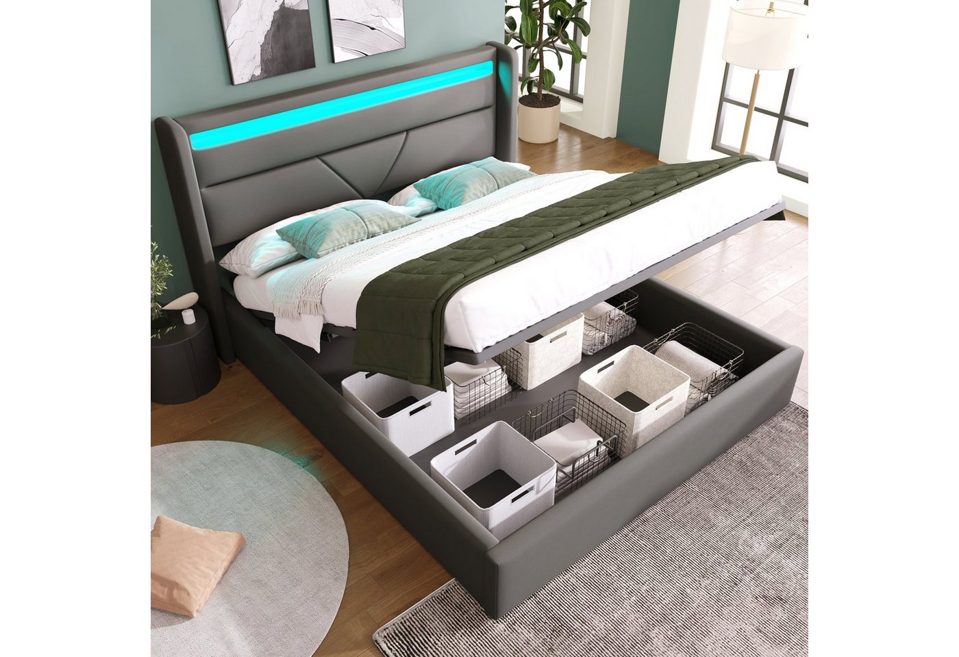 WISHDOR Polsterbett Doppelbett Bett mit LED Beleuchtungsleiste (160x200cm ohne Matratze), (Mit Fernbedienung), Kopfteil mit LED-Beleuchtung Design von WISHDOR