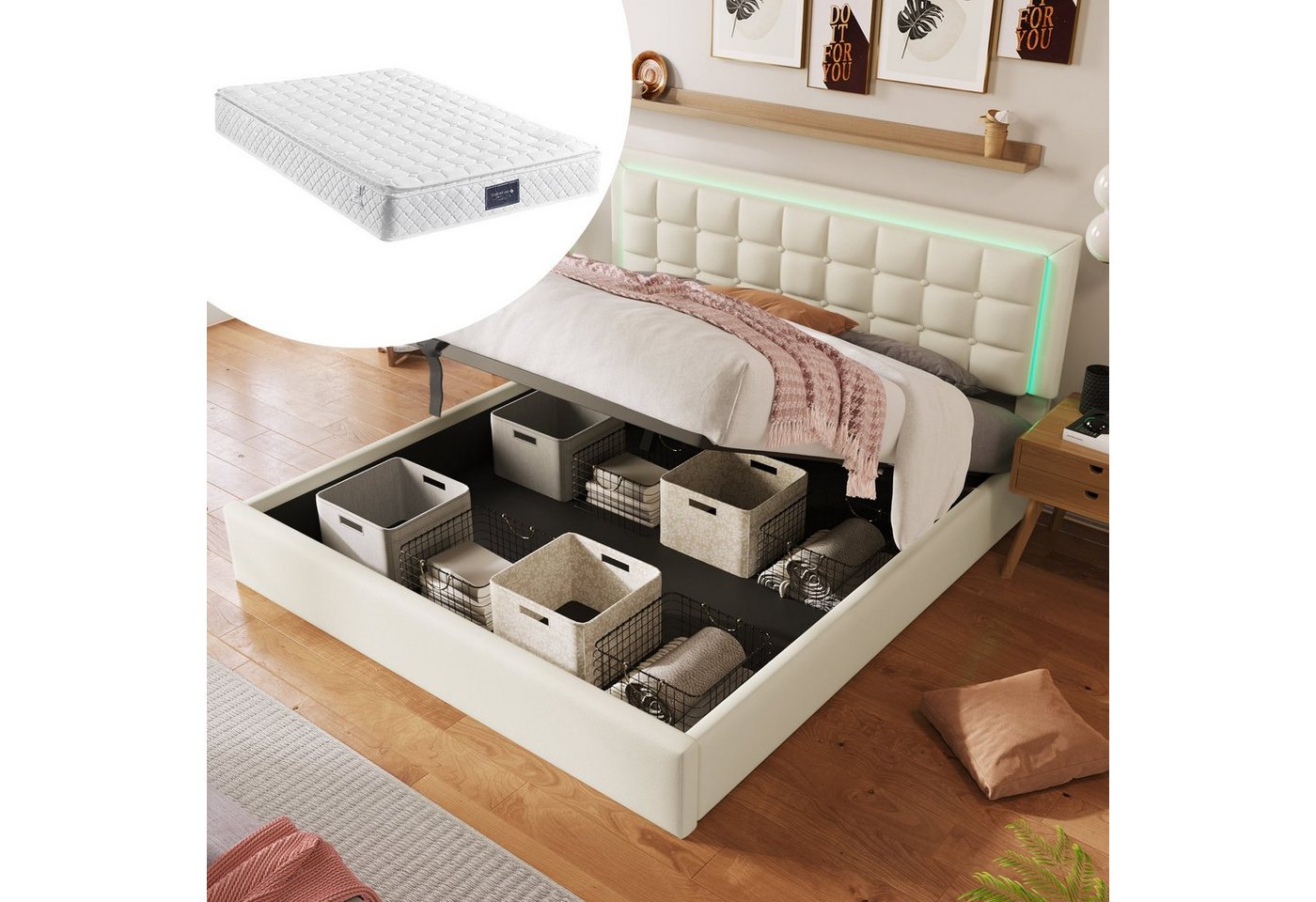 WISHDOR Polsterbett Doppelbett Kunstleder Bett Funktionsbett Hydraulisch mit LED Leuchte (inkl. LED-Beleuchtungsleiste Modernes Bettgestell mit Stauraum, Massivholzbett Bettgestell mit Lattenrost (Metallrahmen) Bettstauraum), Aufbewahrung Funktion, 140x200cm/160x200cm/180x200cm von WISHDOR