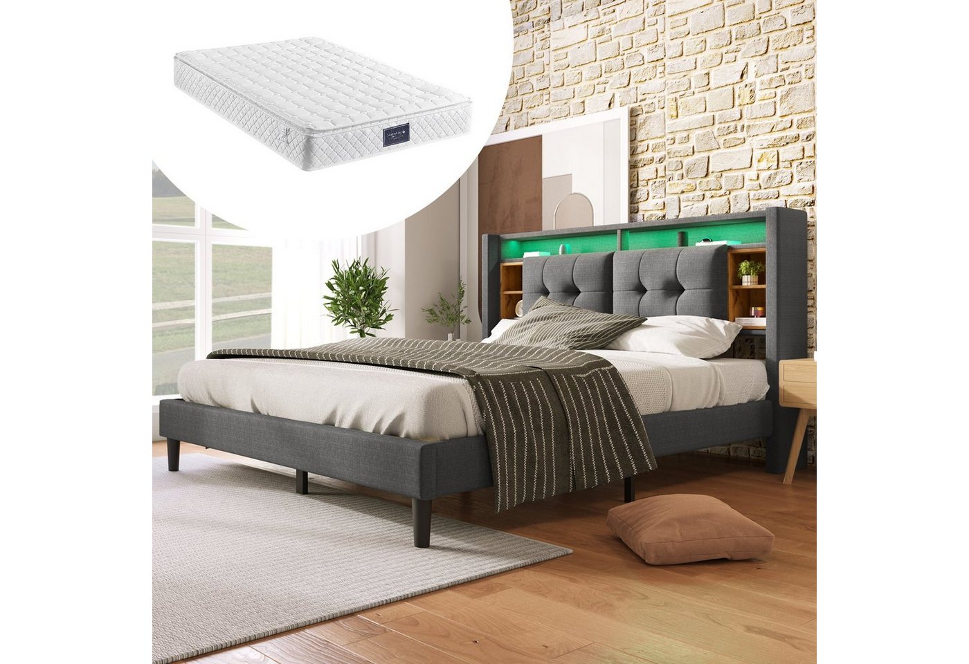 WISHDOR Polsterbett Doppelbett MassivholzBett (Bett mit aufladen USB und LED-Beleuchtung, Bettgestell Lattenrost aus Holz), Intelligenter LED-Streifen, für Schlafzimmer von WISHDOR