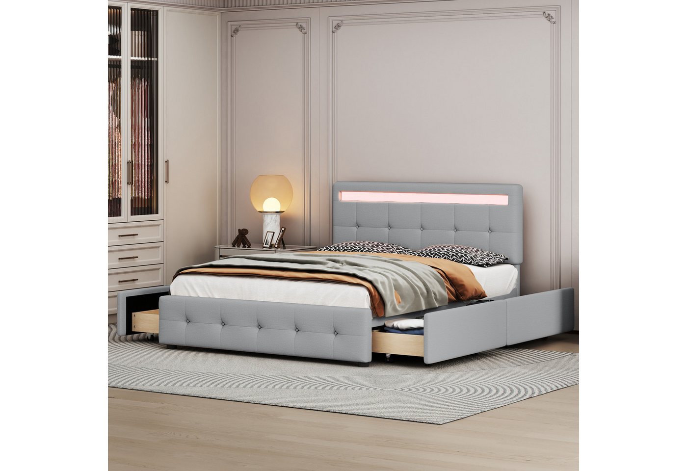 WISHDOR Polsterbett Doppelbett Stauraumbett (140 x 200 cm beige (ohne Matratze), mit LED, Lattenrost & Bettkasten auf Rollen von WISHDOR