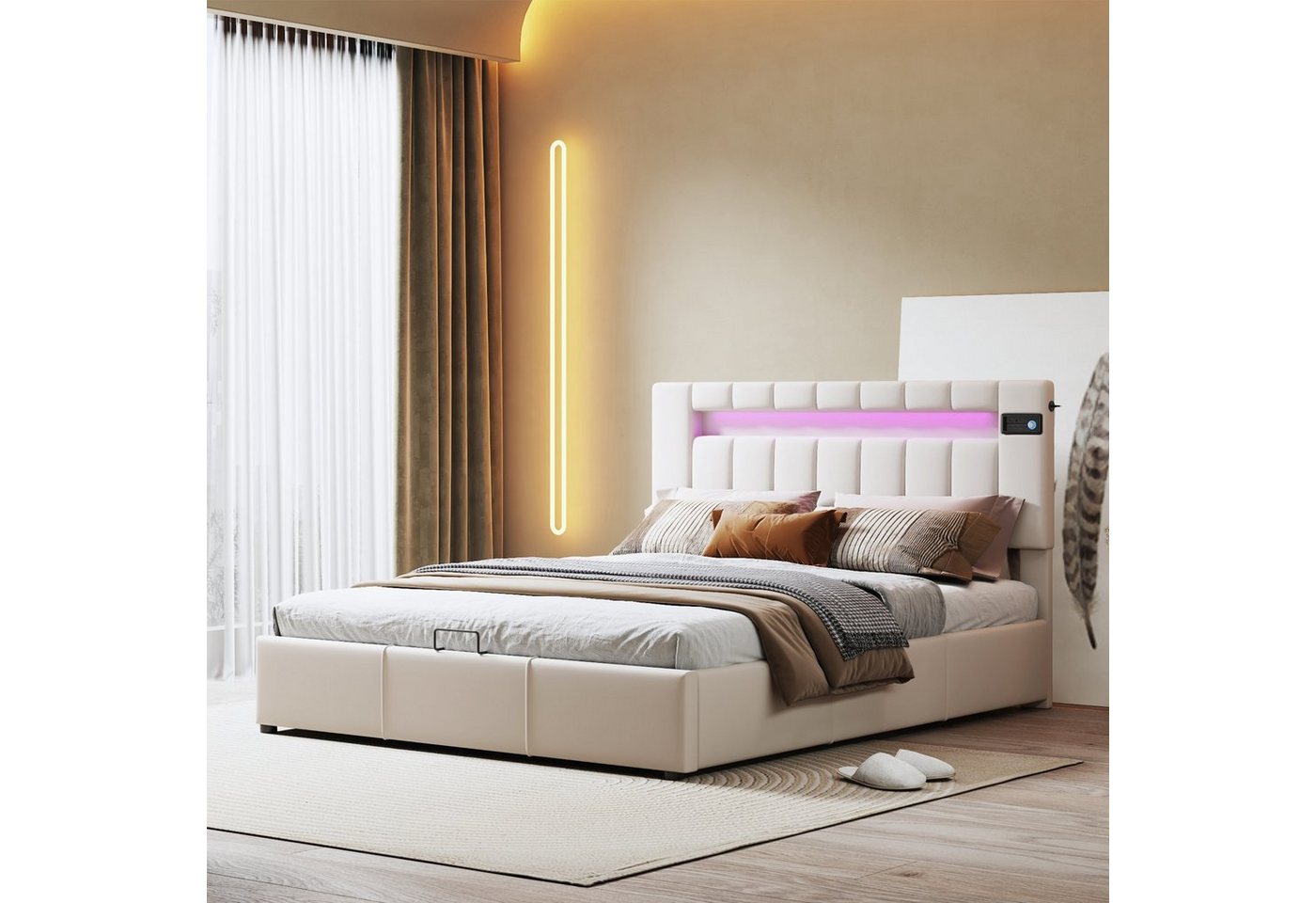 WISHDOR Polsterbett Doppelbett Stauraumbett Bett mit Lattenrost (140x200cm Beige ohne Matratze), mit LED-Lichtleiste, Bluetooth-Player und USB-Aufladung von WISHDOR