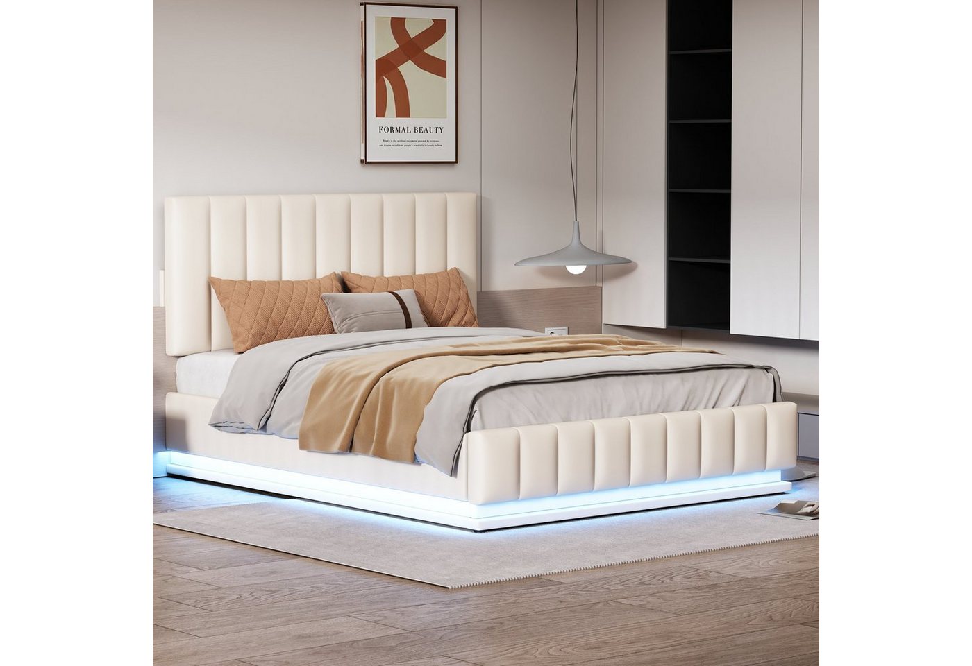 WISHDOR Polsterbett Doppelbett mit höheverstellbarem Polsterkopfteil (140 x 200 cm ohne-Matratze), Modernes Bett mit LED, Einfach zu montierender Bettrahmen von WISHDOR