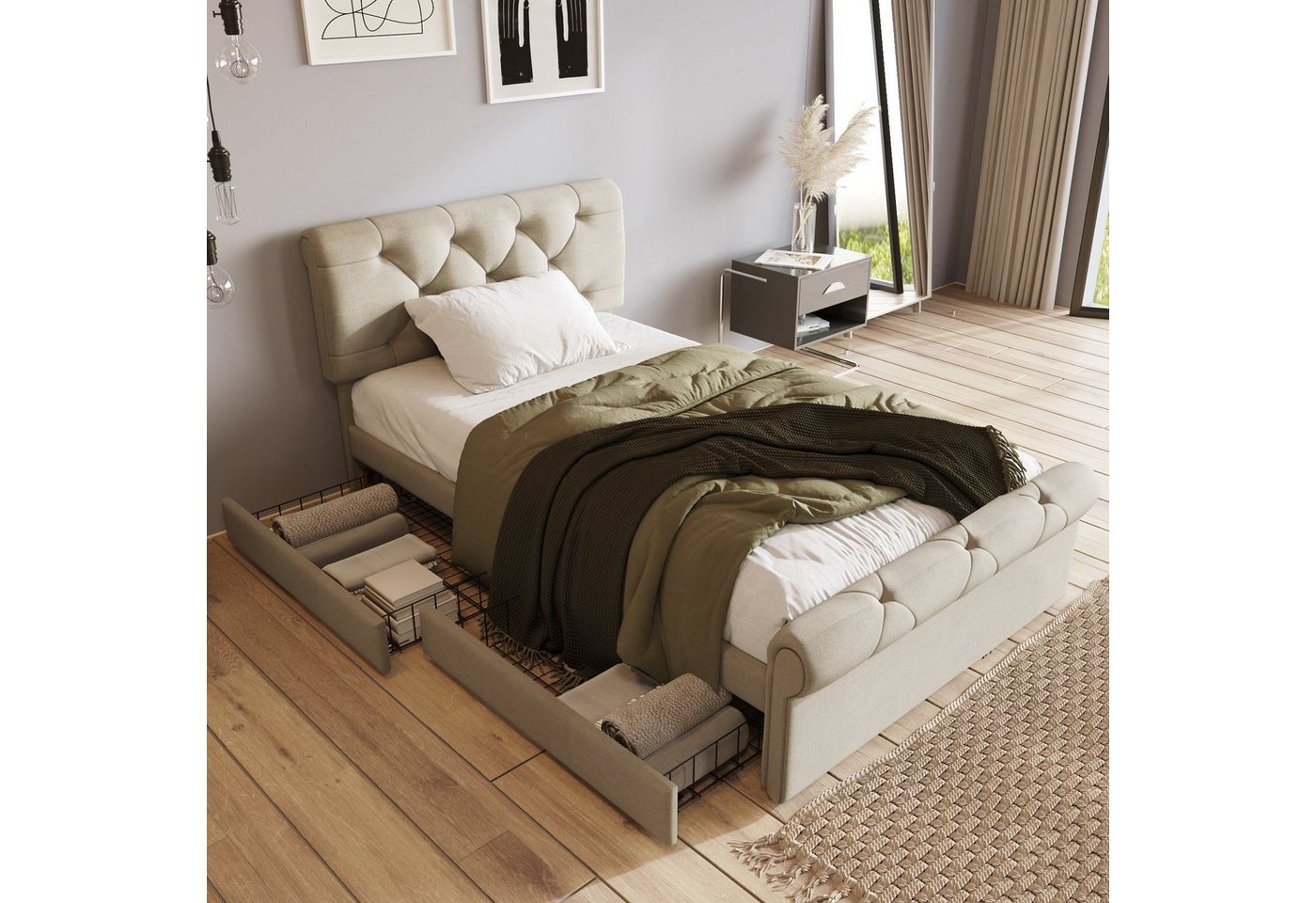 WISHDOR Polsterbett Einzelbett Doppelbett Polsterbett Chesterfield Funktionsbett Holzbett (Massivholzbett Bett, Natur Farbe Mit Bettgestell und Schubladen), Speicherdesign, für Schlafzimmer von WISHDOR