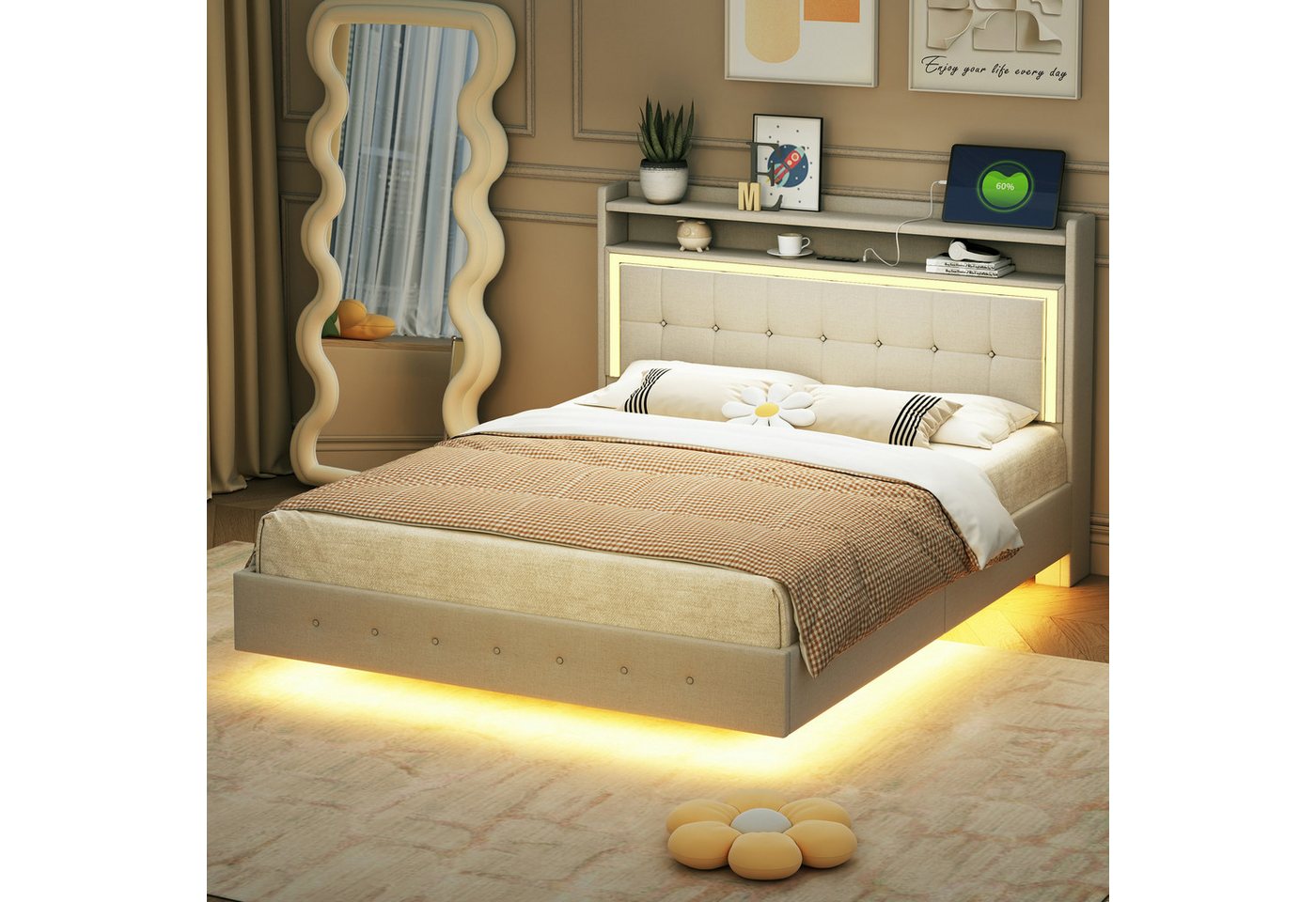 WISHDOR Polsterbett Hausbett mit USB-Steckdose und LED-Licht (verstecktes Fußdesign, Doppelflachbett, Leinenstoff 140x200 cm), ohne Matratze von WISHDOR