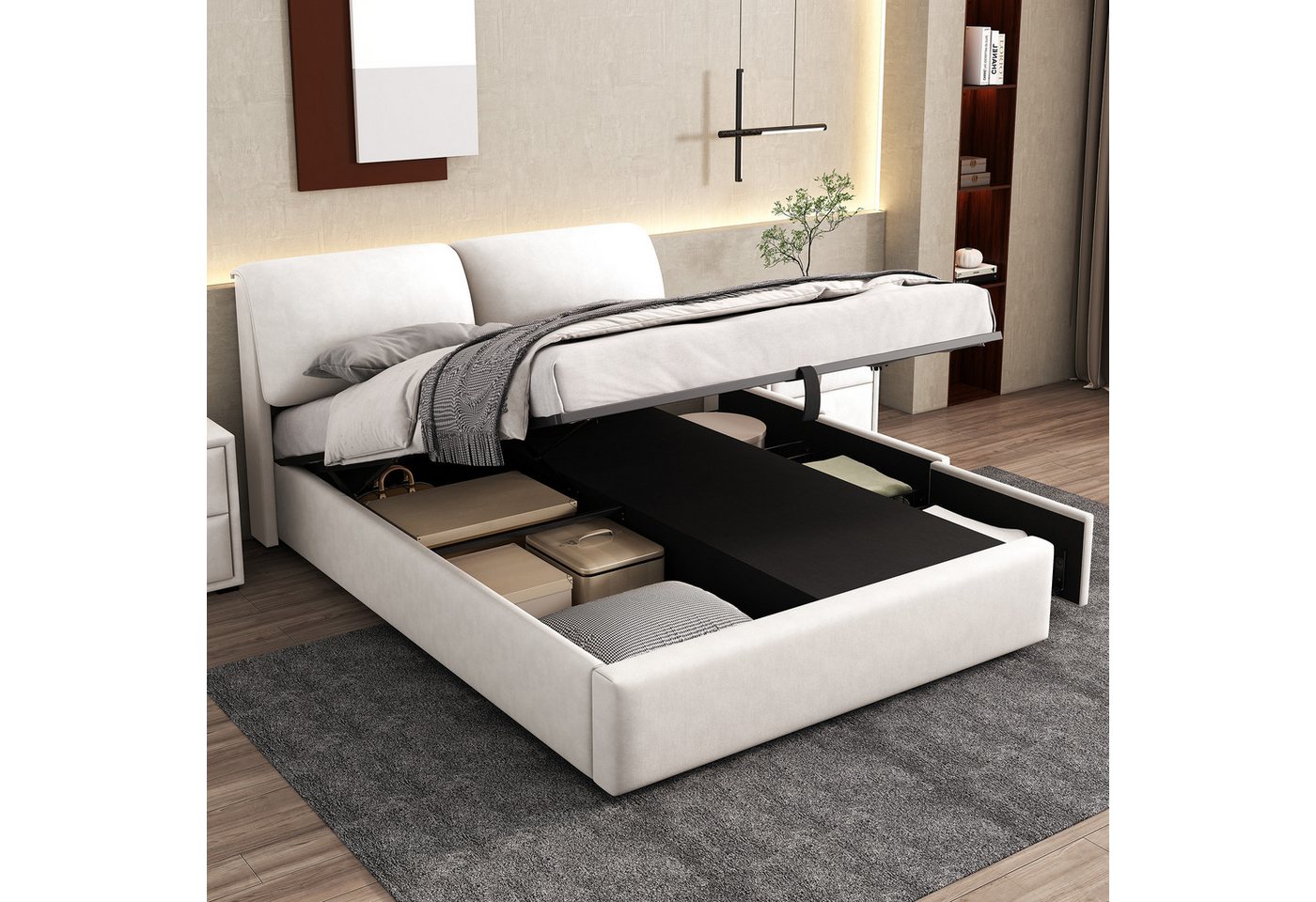 WISHDOR Polsterbett Hydraulisches Bett (140*200cm), mit 3 Schubladen,Bettkasten zur Aufbewahrung, Lattenrost mit Kopfteil von WISHDOR