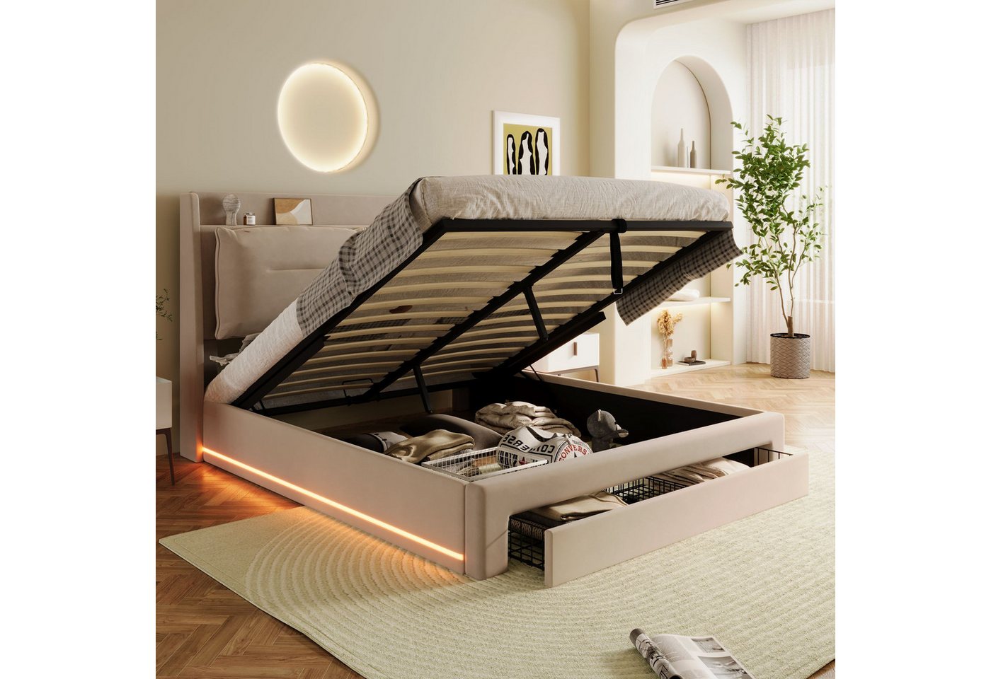 WISHDOR Polsterbett Hydraulisches Bett (LED-Licht-Polsterbett, mit Lattenrost, 140*200cm), 2-in-1 Stauraumschubladen, eingelassene LED-Lichtleisten von WISHDOR