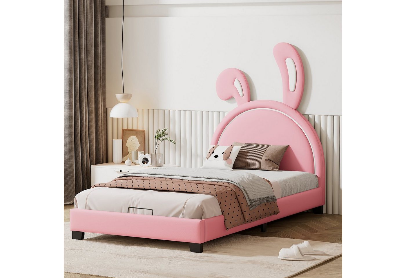 WISHDOR Polsterbett Kinderbett Jugendbett mit Lattenrosten und Rückenlehne (rosa (Matratze nicht enthaltet), Mädchenbett in Hasenohrform von WISHDOR
