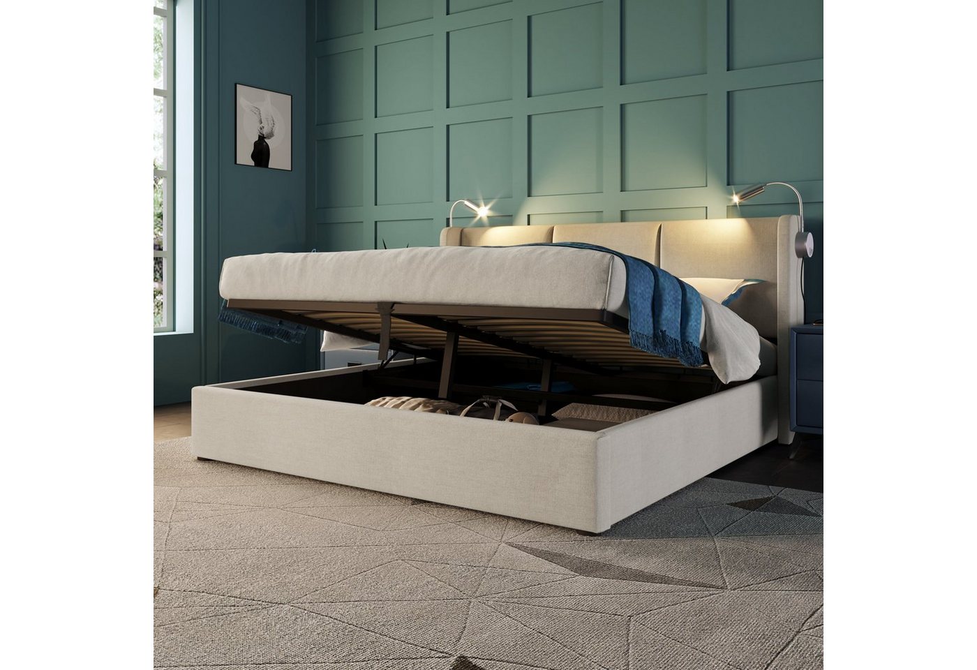 WISHDOR Polsterbett Polsterbett Doppelbett Stauraumbett Bett (160x200 mit lattenrost(Ohne Matratze) Beige), mit USB Ladefunktion Kopfteil, Kopfteil mit Leselampe von WISHDOR