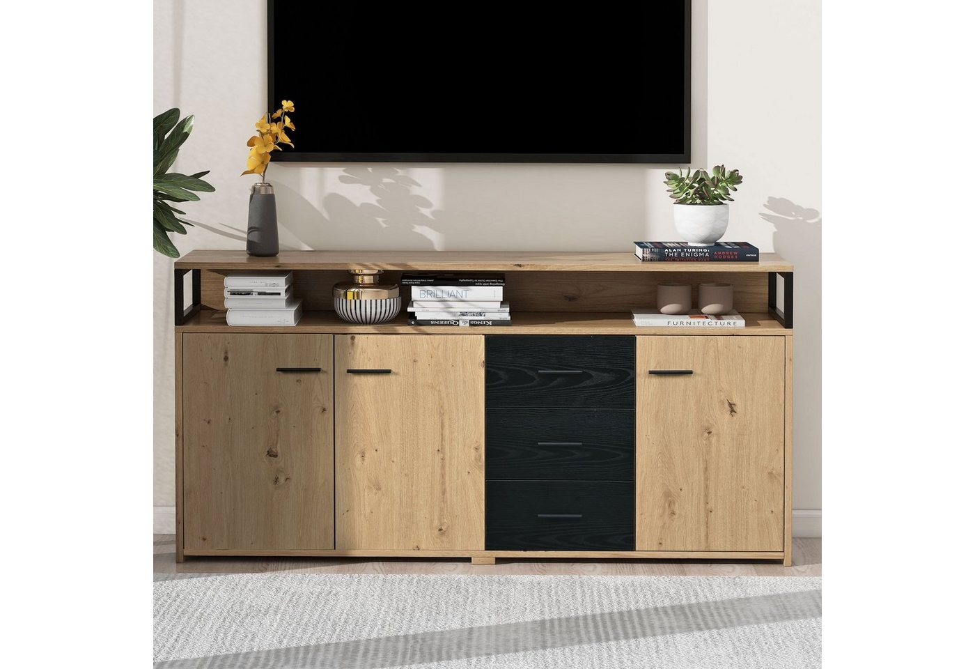 WISHDOR Sideboard Kommode Küchenschrank, Mehrzweckschrank (mit drei Türen und drei Schubladen, Aufbewahrungsschrank Highboard mit Metallgriffe), 150*35*75.9cm von WISHDOR