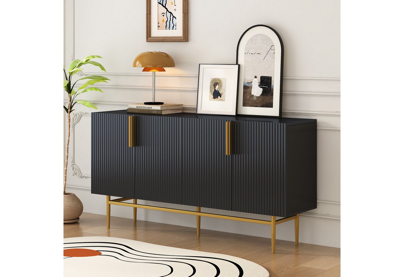 WISHDOR Sideboard Küchenschrank mit 4 Türen, goldfarbener Metallgriff (Buffetschrank für Esszimmer, Wohnzimmer, Schlafzimmer) von WISHDOR