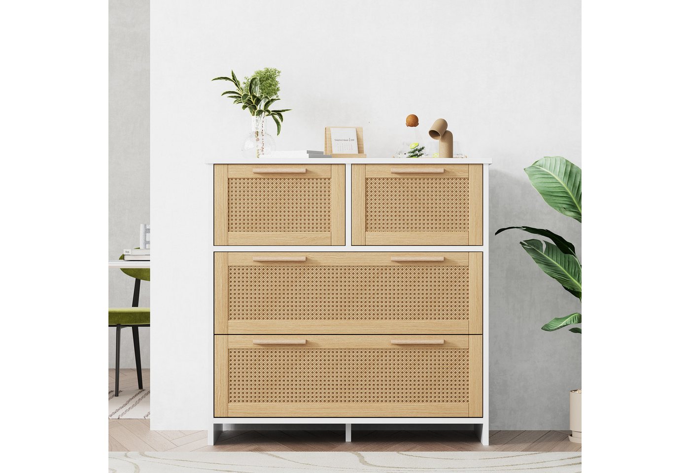 WISHDOR Sideboard Rattanschrank (Sideboard mit 4-Schubladen und Massivholzgriffen), Maße: B80/H80/T38 cm von WISHDOR