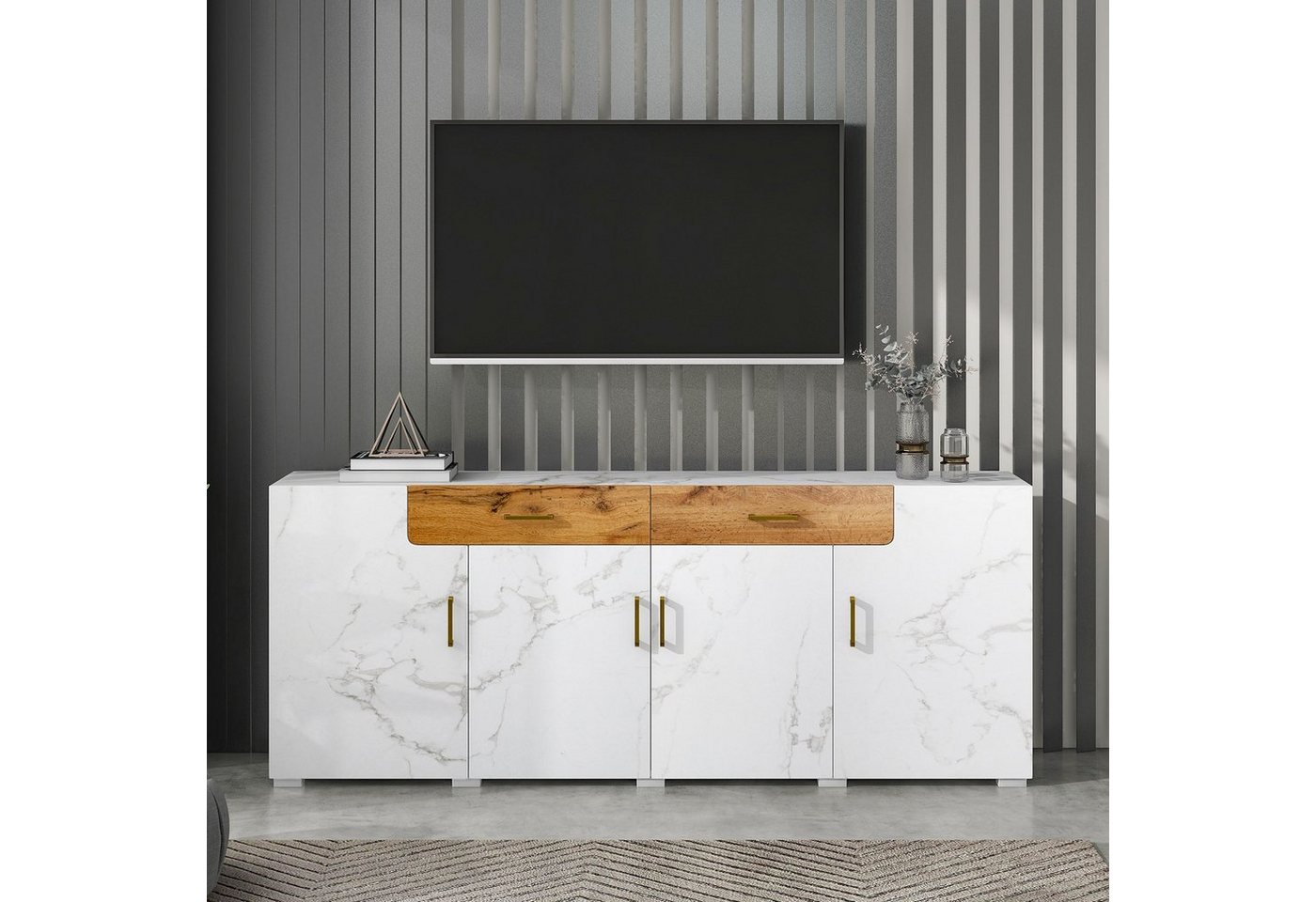 WISHDOR Sideboard Sideboard Beistellschrank Küchenschrank Buffet bar (208 x 39.5 x 80 cm, Aufbewahrungsschrank), Kommode mit 4 Türen, 2 Schubkästen von WISHDOR