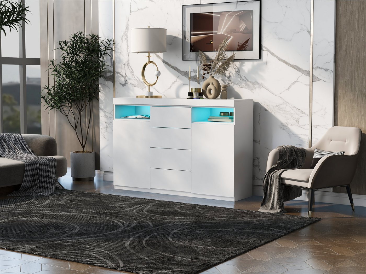 WISHDOR Sideboard Sideboard Moderne LED-Kommode, (Viel Stauraum & durchdachtes Design Einstellbares LED-System, Weiß 139*36,5*92cm Modernes Design &Verstile), Einfache Montage von WISHDOR