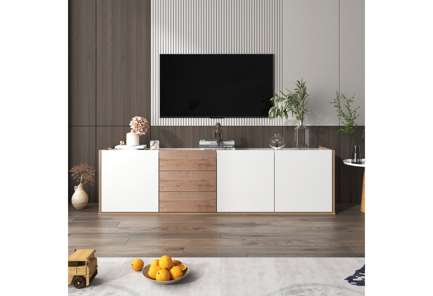 WISHDOR TV-Schrank Lowboard Fernsehtisch (mit 3 Schubladen und 3 Türen) mit Paneel in Weiß und Holzfarben,TV-Board freistehend/hängend von WISHDOR