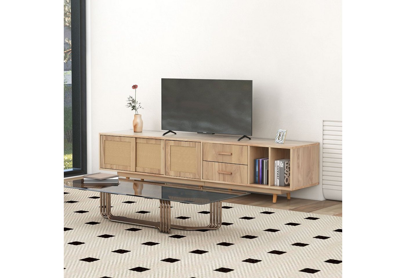 WISHDOR Lowboard TV-Konsolentisch (TV-Ständer mit Schiebtüren im Landhausstil, Lowboard mit Rattan Geflochten Türen und 2 Schubladen) von WISHDOR